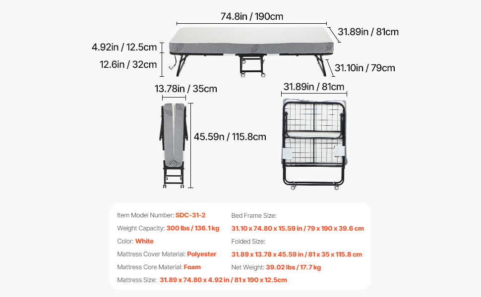 VEVOR Twin Size Rollaway Folding Bed with Sturdy Metal Frame and Memory Foam Mattress for Adults and Guests