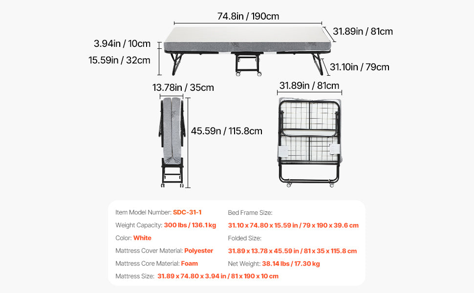 VEVOR Twin Size Rollaway Folding Bed with Sturdy Metal Frame and Memory Foam Mattress for Adults and Guests