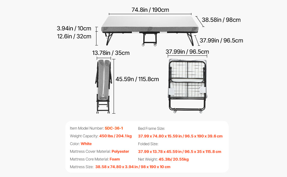 VEVOR Twin Size Rollaway Folding Bed with Sturdy Metal Frame and Memory Foam Mattress for Adults and Guests