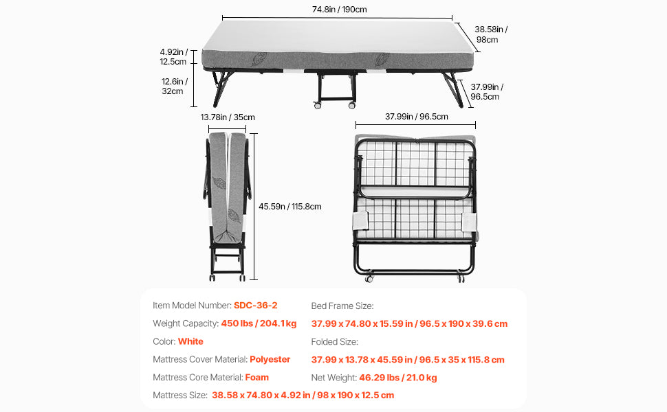 VEVOR Twin Size Rollaway Folding Bed with Sturdy Metal Frame and Memory Foam Mattress for Adults and Guests
