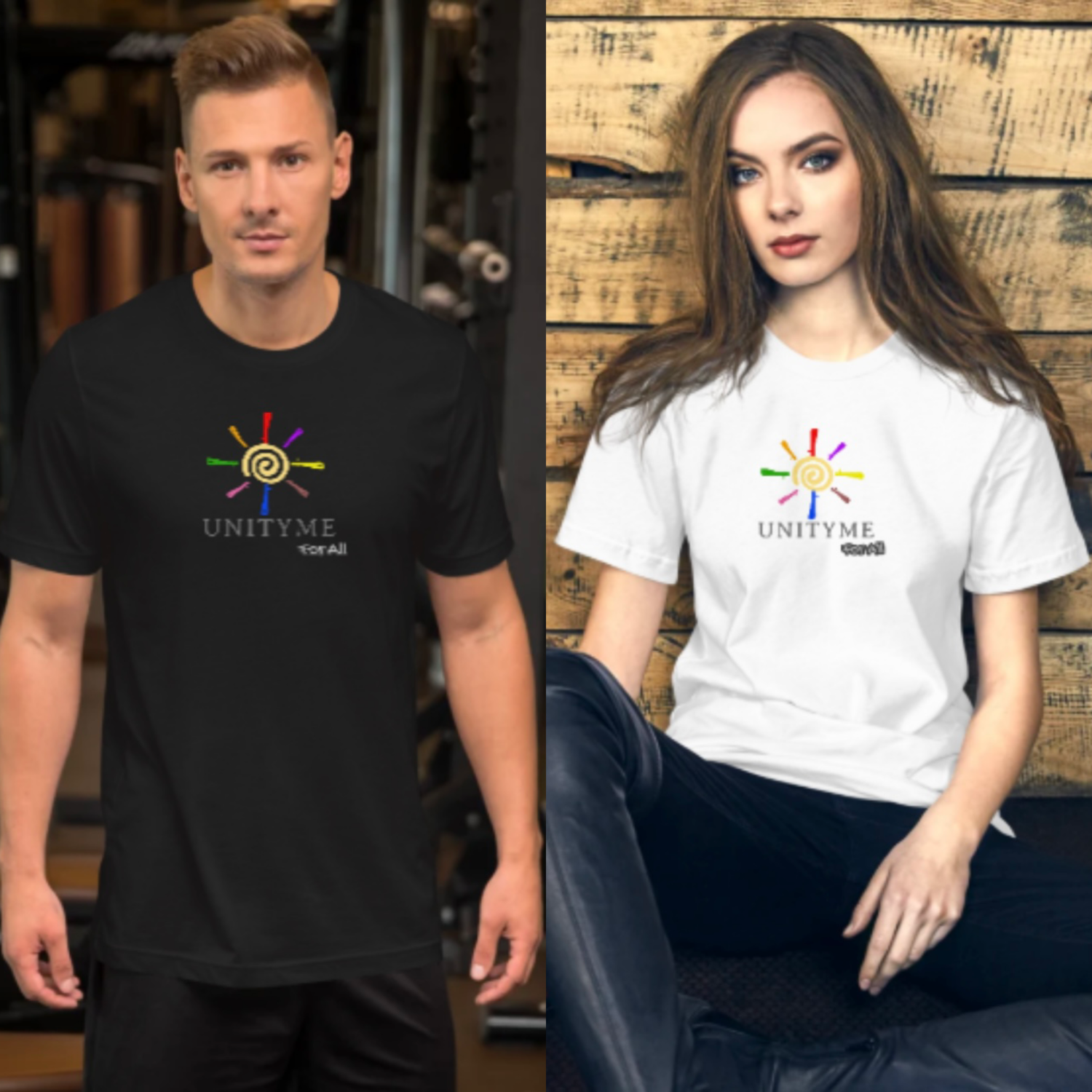 Two Models wearing t-shirts with a colorful 'UNITYME' logo.