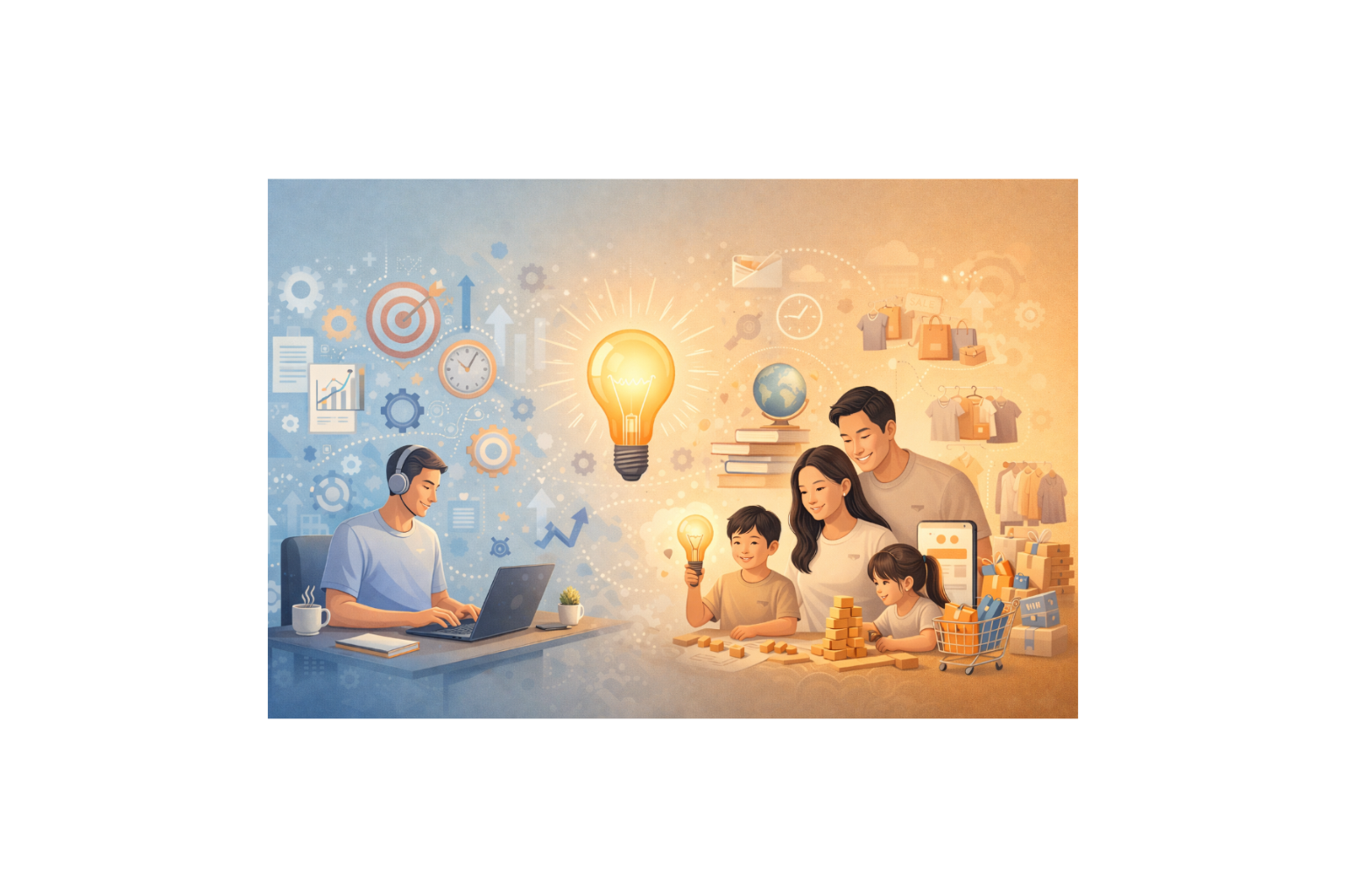 Illustration of a family in a home office setting with a man working on a laptop, a woman and children playing with toys, and various icons and symbols in the background.