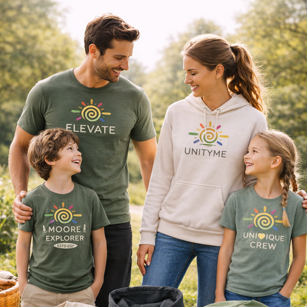 Family outdoors wearing branded clothing and accessories with 'Unityme' logo.