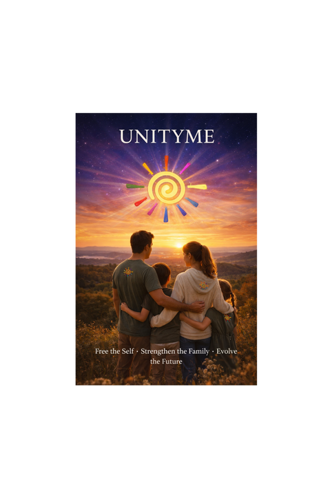 Family overlooking a sunset with 'Unityme' logo above them