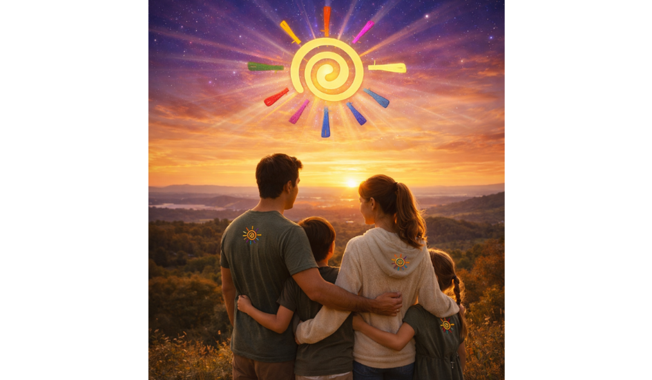 Family overlooking a sunset with 'Unityme' logo above them