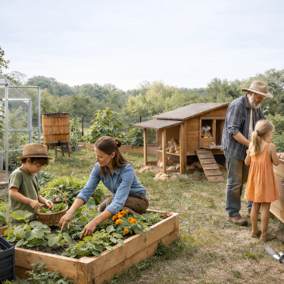 Family gardening together in a backyard with a chicken coop and beehive in the background.
