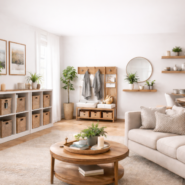 Modern living room with a beige sofa, wooden coffee table, and decorative elements.