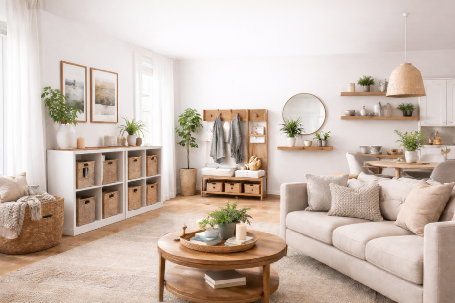 Modern living room with a beige sofa, wooden coffee table, and decorative elements.